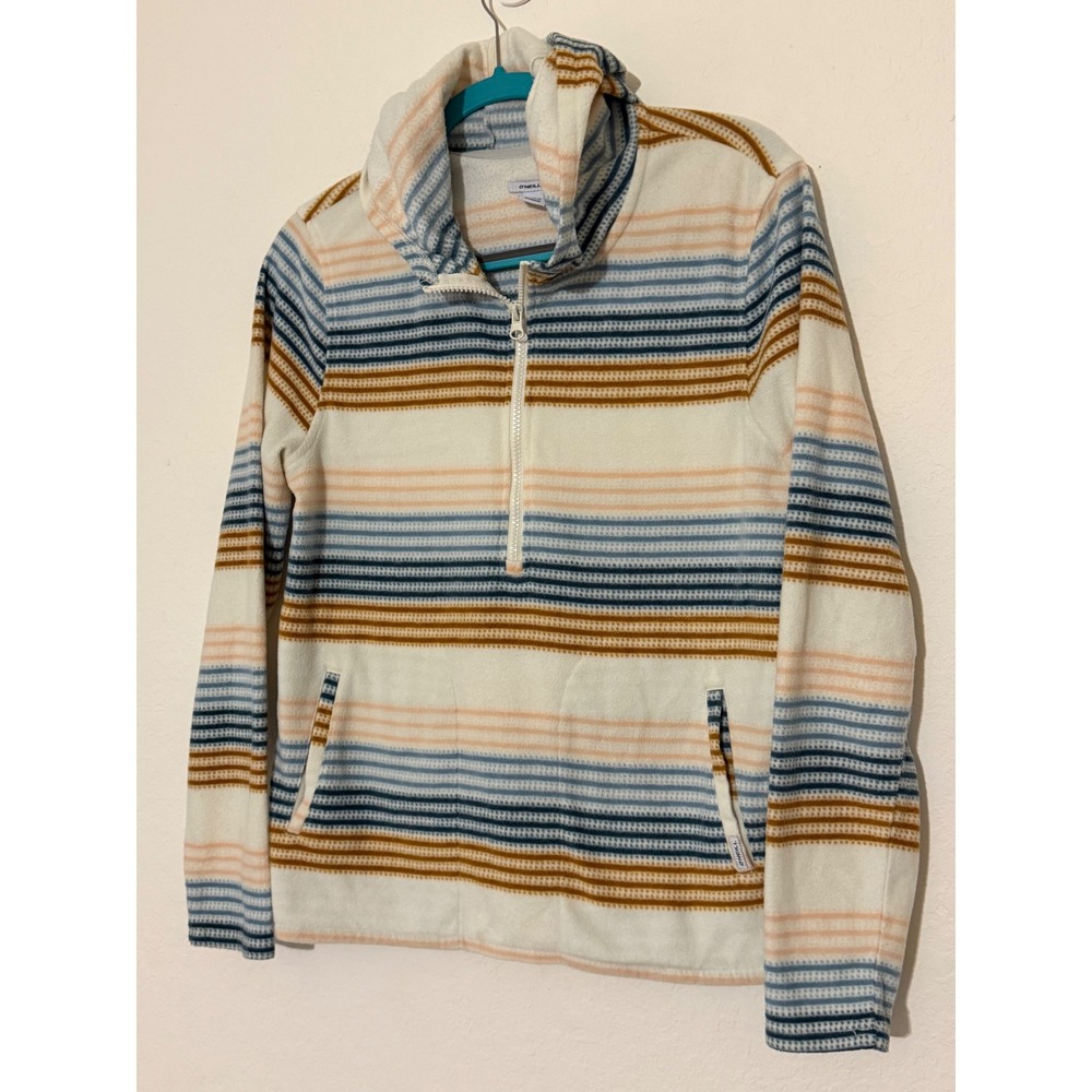 ONeill Womens Small Fleece Quarter Zip Hooded Pullover Striped Cream Blue Peach